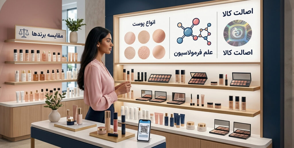 فروشگاه لوازم آرایشی مدرن برای راهنمای خرید مراجعان بر اساس علم فرمولاسیون، انواع پوست و اصالت برند آرایشی