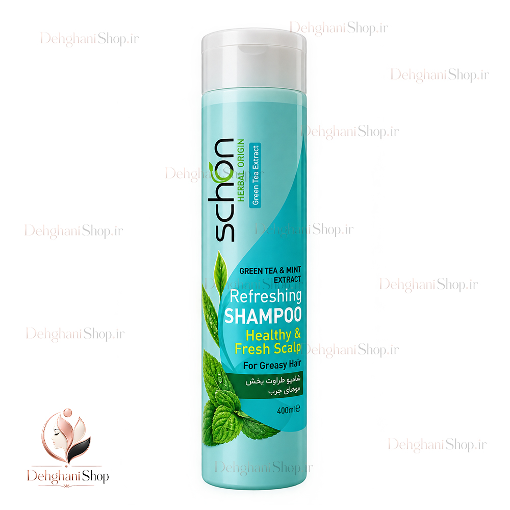 Schon Green Tea & Mint Shampoo 400ml for Oily Hair شامپو چای سبز و نعنا شون 400 میلی لیتر مخصوص موهای چرب و طراوت بخش موهای چرب